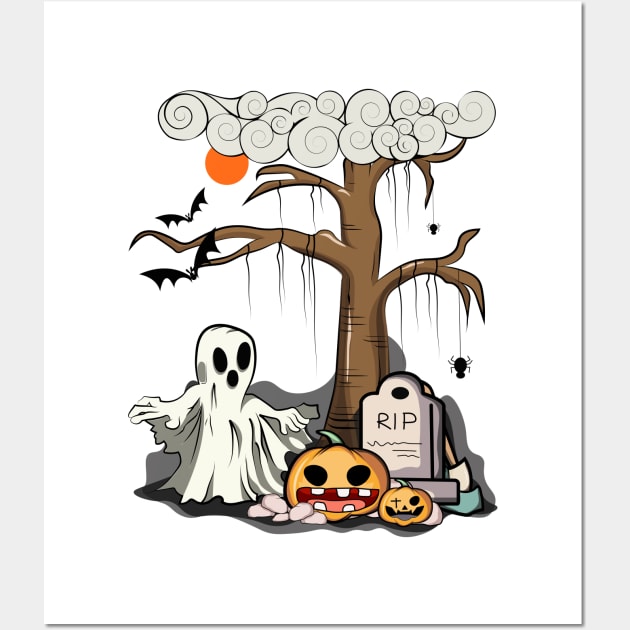 Halloween pumpkins and ghosts Wall Art by anurak2516